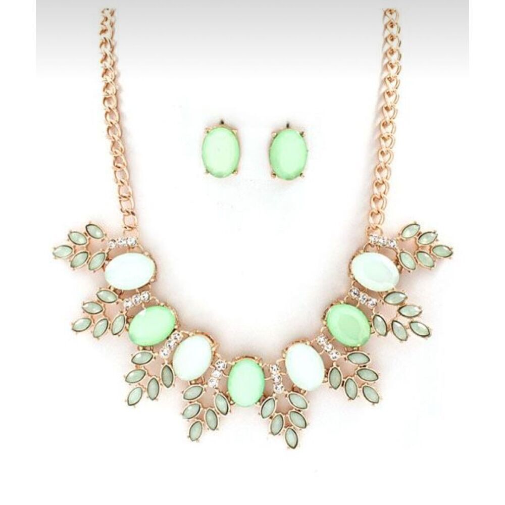 Emerald Lime Rhinestone Goldtone Choker & Earrings Set, 16” + 3” Extender